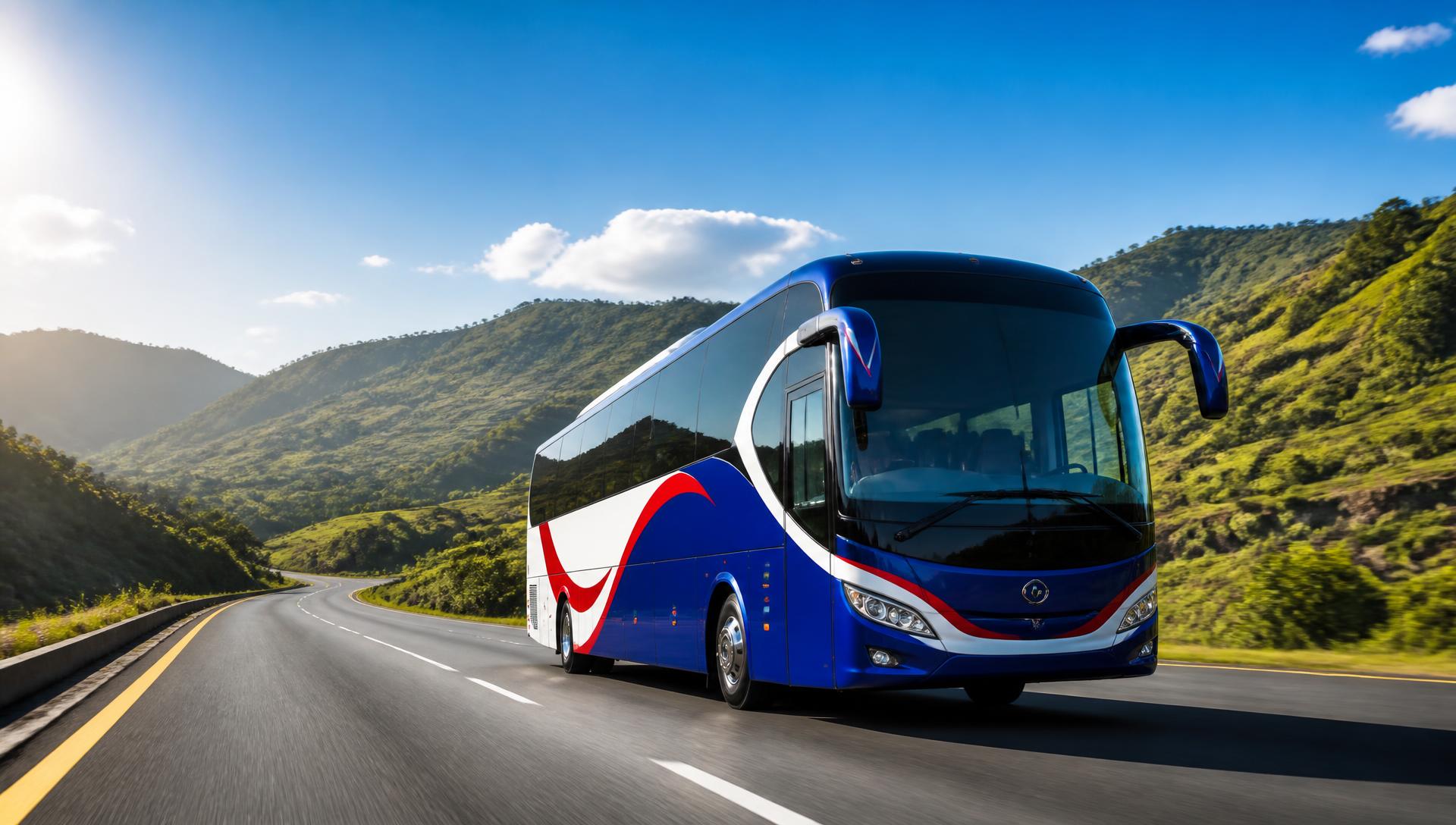 BIFTU luxury coach travelling an Ethiopian highland highway on a bright sunny day