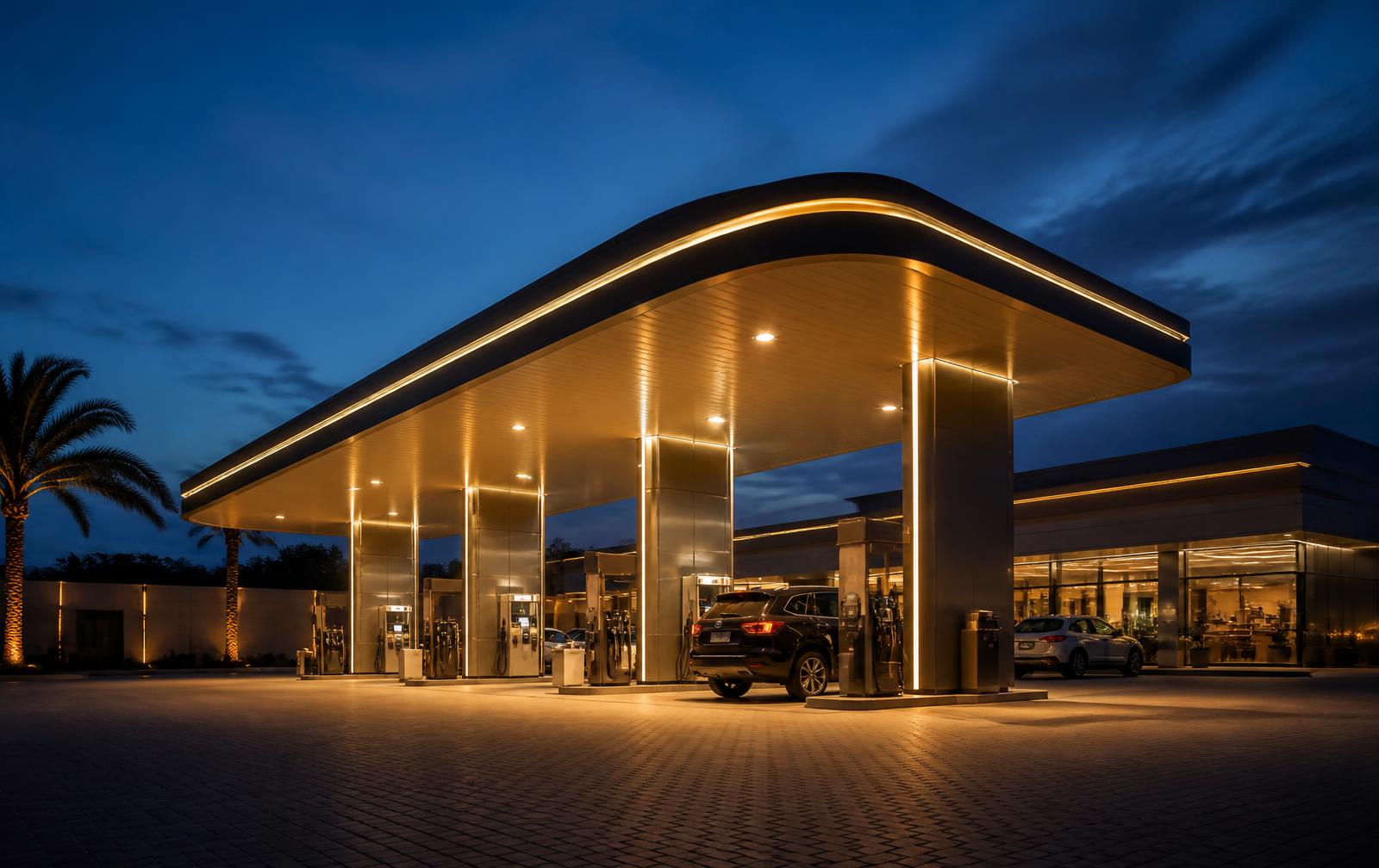 BIFTU Petroleum service station illuminated at dusk