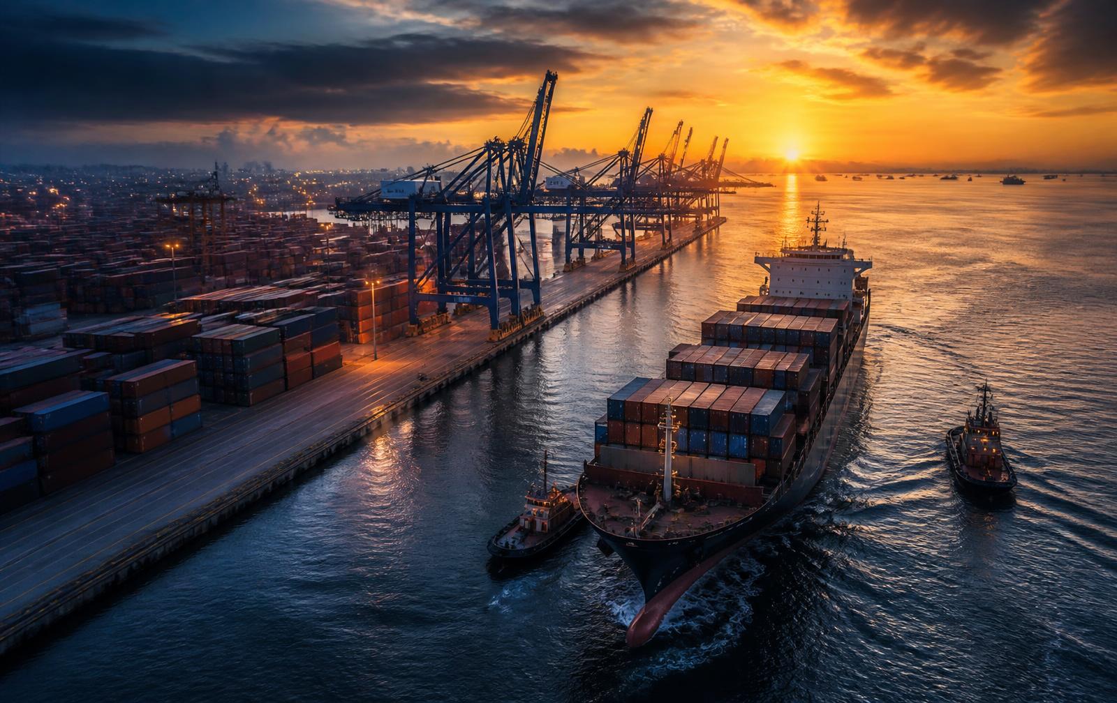 Cargo ship and container terminal representing international trade